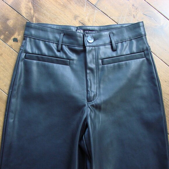 Zara Black Faux Leather Wide Leg Pants High Waist Office Party Holiday NEW  XS - Picture 7 of 15